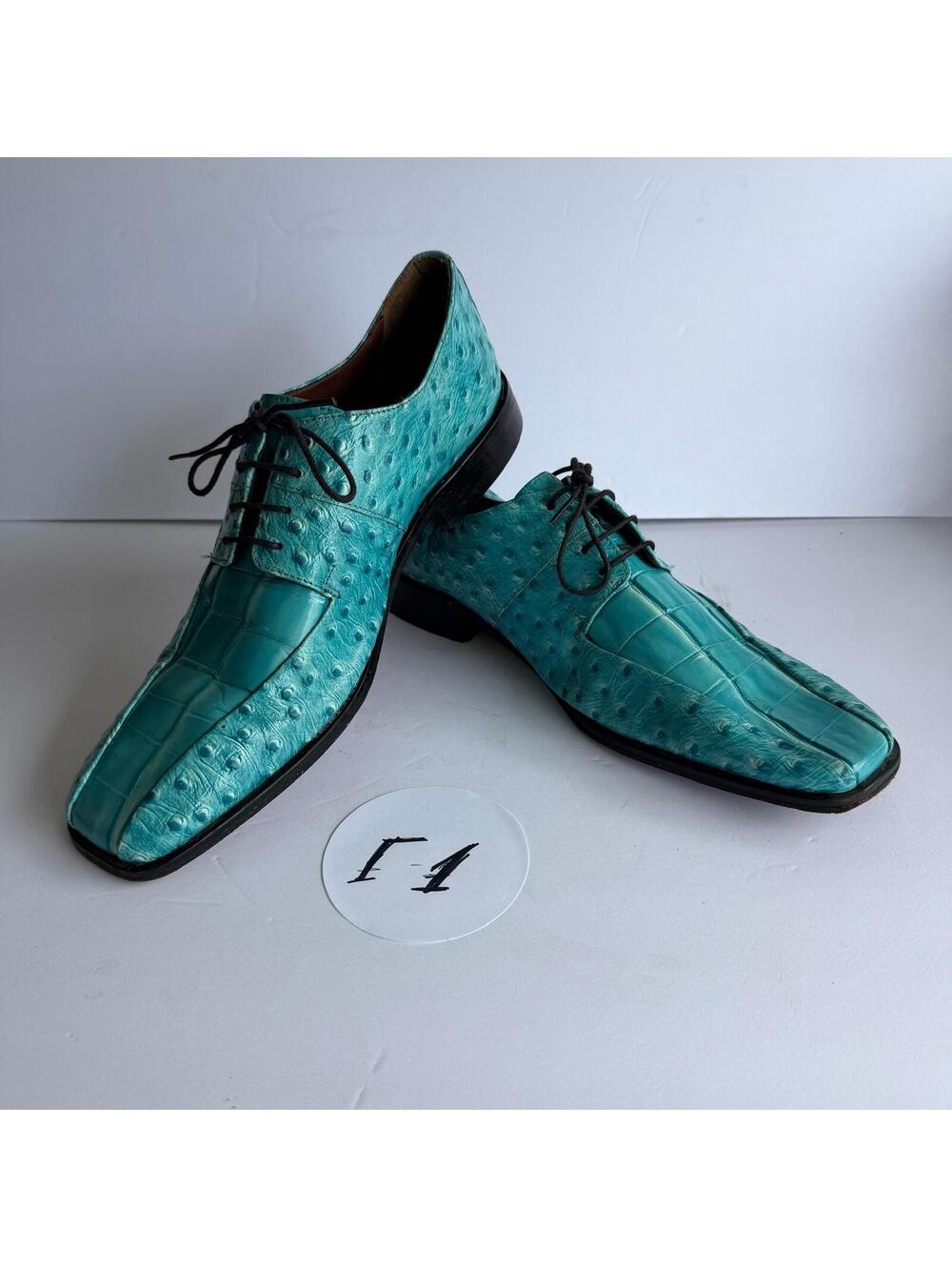 Stacy Adams Ostrich Crocodile Print Oxford Shoes‎ Men's Size 10.5M Teal Lace Up